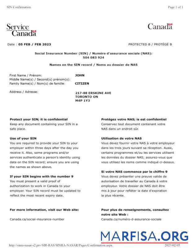 Printable Canada social insurance number (SIN) confirmation template